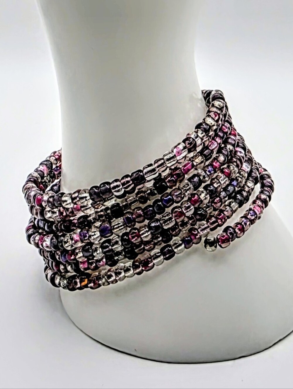 Multi Strand Purple Pink Seed Bead Wrap Bracelet Boho Memory Wire Cuff